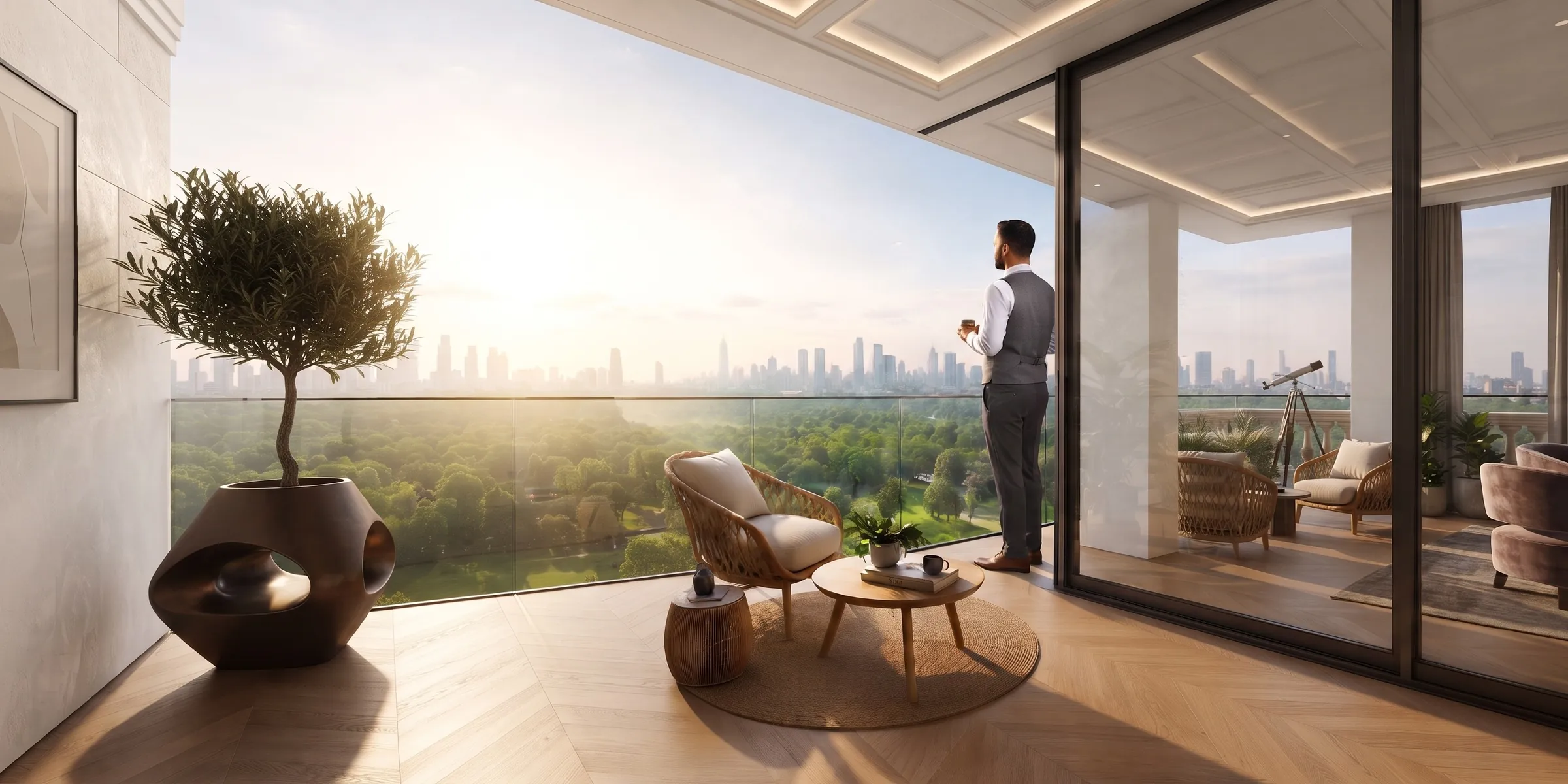 Morning on a private balcony overlooking green parkland and the city skyline
